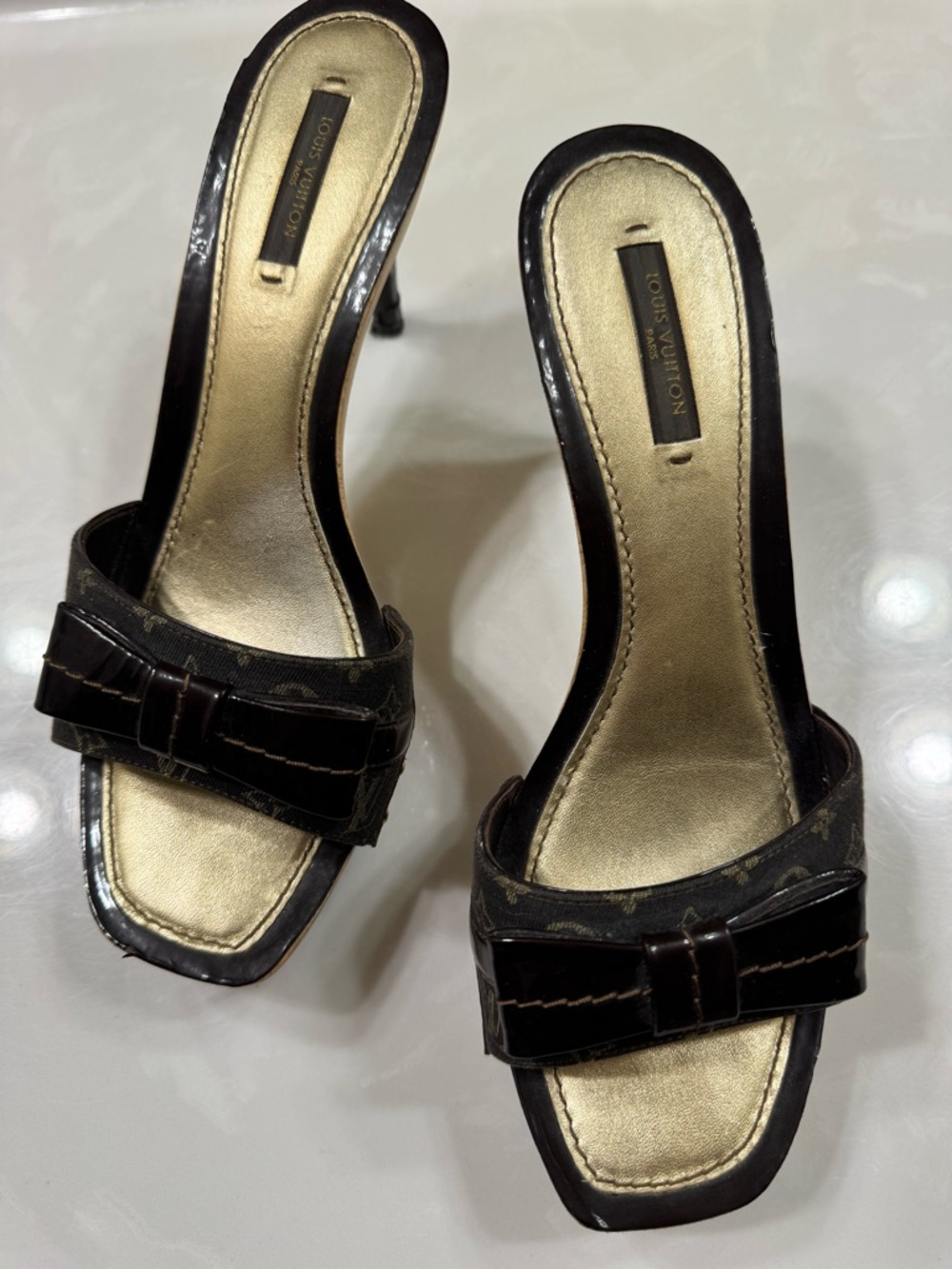 LOUIS VUITTON Monogram Brown Bow Wooden Clog Sandals - Picture 8 of 12